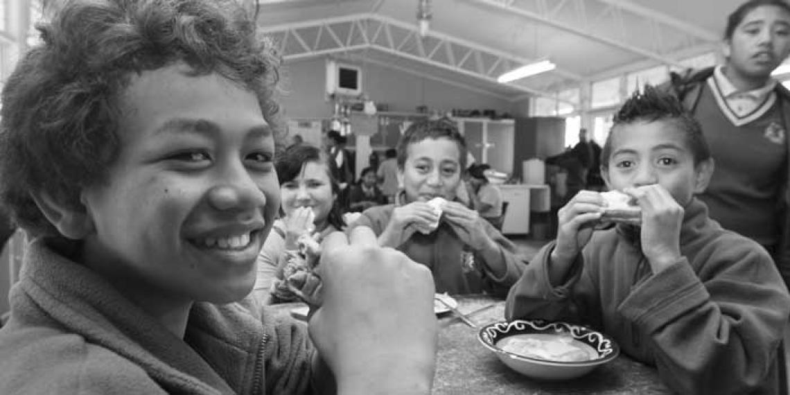 Eating lunch provided by Te Wharekura O Te Kao Kao Roa o Patetere school in Putaruru. 
